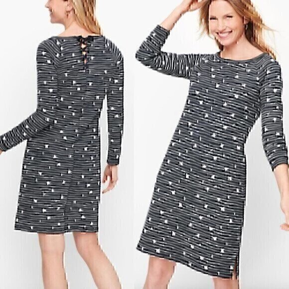 T BY TALBOTS Long Sleeve Mixed Print Dress Navy Blue Cream Striped Floral Cotton - Picture 1 of 11